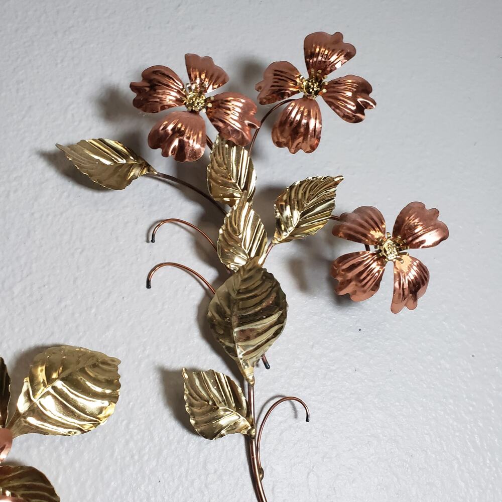 Vintage Metal Floral Wall Decor Brass & Copper‎ Dogwood Flower Leaf MCM Set Of 4 - Picture 2 of 11